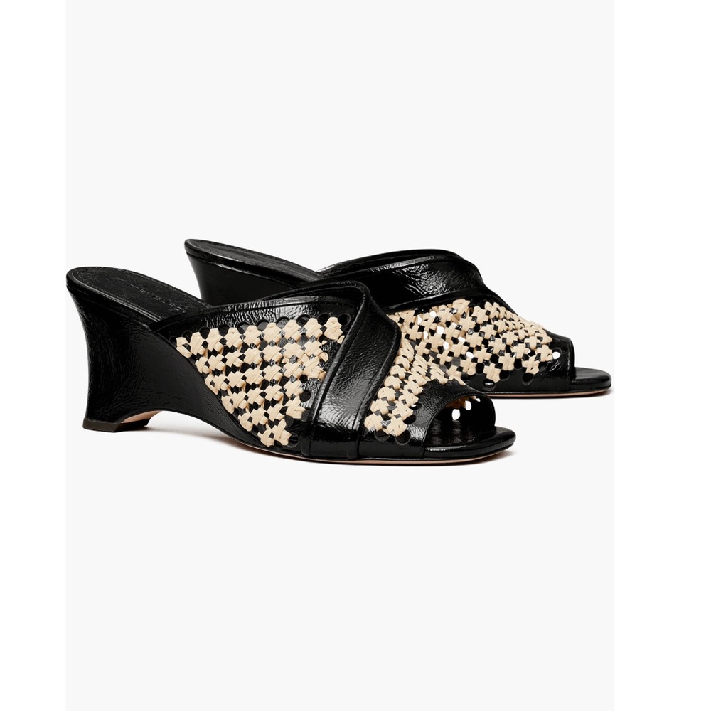 TORY BURCH Woven Raffia Wedge Sandal In Perfect Black